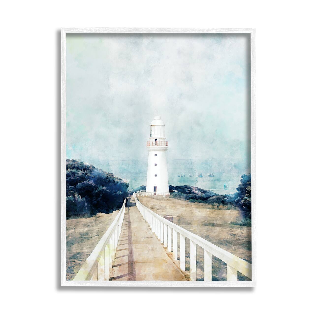 Stupell Industries White Lighthouse Boardwalk Rocky Cliff Coastal Landscape Water Framed Wall Art